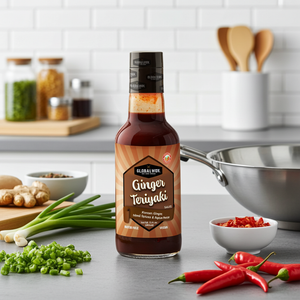 BOLD & FEARLESS Signature Sauce Variety Pack with Ginger Teriyaki sauce bottle in a kitchen setting, including fresh ingredients.