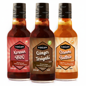 BOLD & FEARLESS Signature Sauce Variety Pack featuring Korean BBQ, Ginger Teriyaki, and Sesame Buffalo sauces.