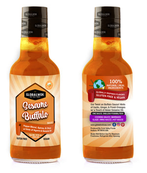 Sesame Buffalo Signature Sauce bottle showcasing natural ingredients, gluten-free and vegan options with hints of garlic and ginger.