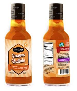 Sesame Buffalo Signature Sauce bottle featuring gluten free and vegan labels, showcasing ingredients and nutritional facts.