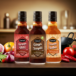 BOLD & FEARLESS Signature Sauce Variety Pack featuring Korean BBQ, Ginger Teriyaki, and Sesame Buffalo sauces.