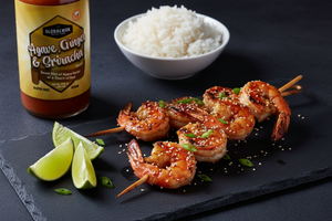 Agave Ginger Sriracha Grilled Shrimp Skewers with Sauce Bottle