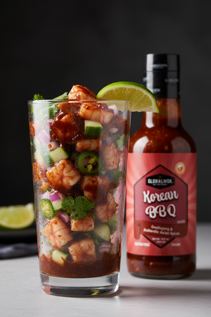 Finely Chopped Shrimp Ceviche in Tall Glass with Global Wok Korean BBQ