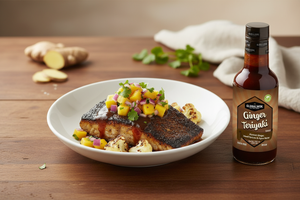 Professional food photography of Blackened Sea Bass with Global Wok Ginger Teriyaki