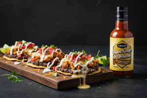 Refried Black Bean Chicken Tostadas with Global Wok Agave, Ginger & Sriracha
