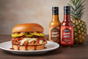 Right-Sized Chicken Sandwich with Sauce Bottles and Pineapple
