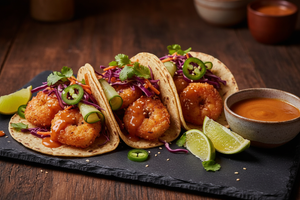 Sesame Buffalo Crispy Shrimp Tacos
