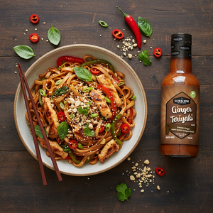 Spicy Chicken Drunken Noodles Top-Down Flat Lay