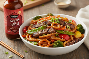 Udon Noodle Stir Fry Bowl with Extra Korean BBQ Sauce